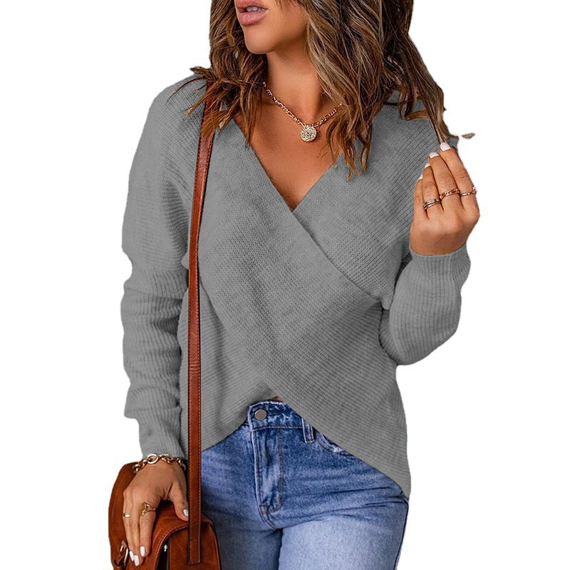 Damen lässiger Wickel-Pullover mit tiefem V-Ausschnitt und strukturiertem Gewebe Drune