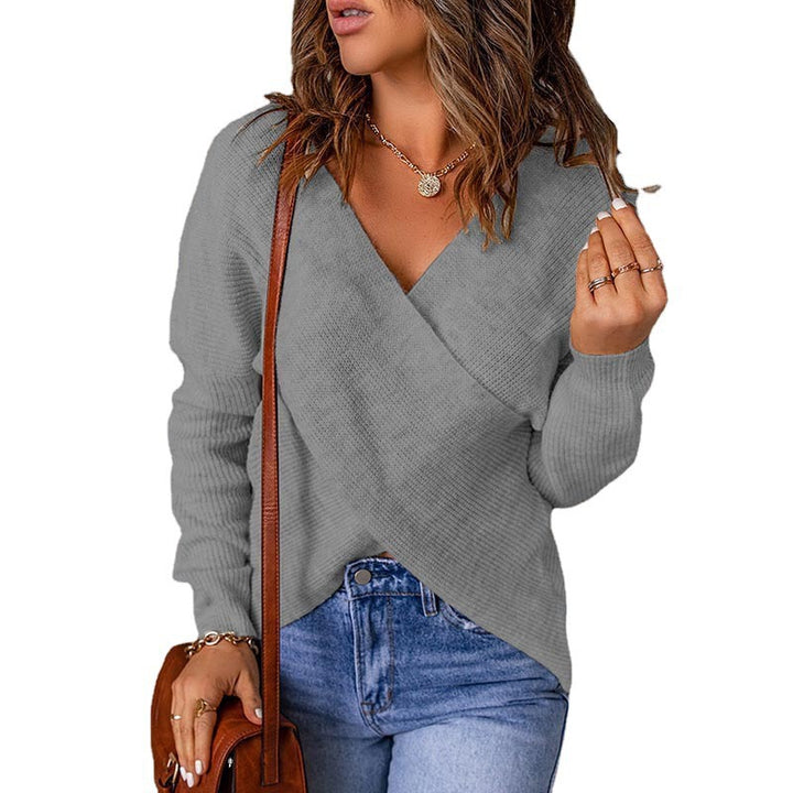 Damen lässiger Wickel-Pullover mit tiefem V-Ausschnitt und strukturiertem Gewebe Drune