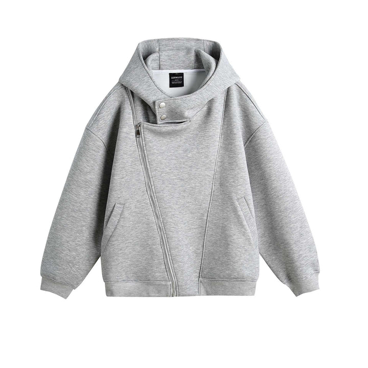 Unisex Oversize Kapuzen‑Zipjacke mit asymmetrischem Reißverschluss und hohem Funnelkragen Drune