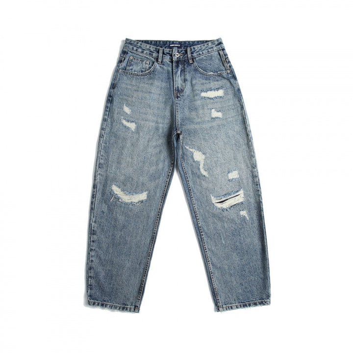 Damen High‑Waist Mom‑Jeans mit weitem Bein, Used‑Waschung und Destroyed‑Details Drune