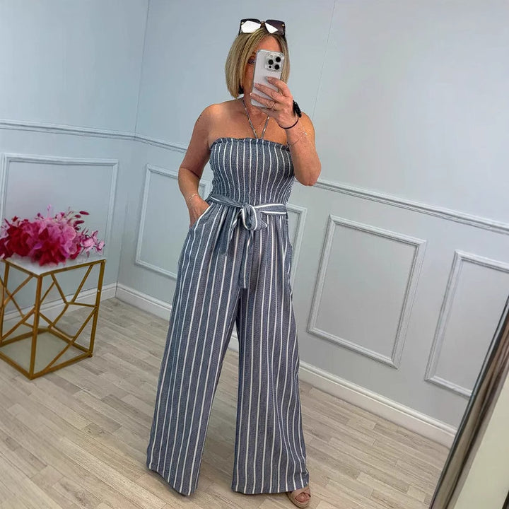 Damen Eleganter Jumpsuit mit gestreiftem Design und Gürtel Drune