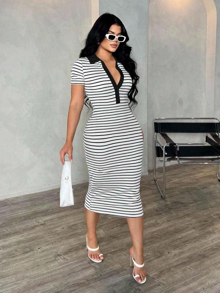 Damen Figurbetontes Polokleid im Streifen‑Look aus Rippstrick mit kurzem Ärmel Drune