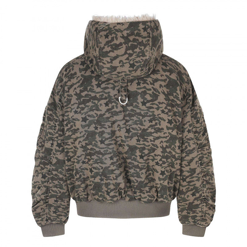 Unisex Weitgeschnittene wattierte Bomberjacke mit Kapuze und Kunstfellbesatz Drune