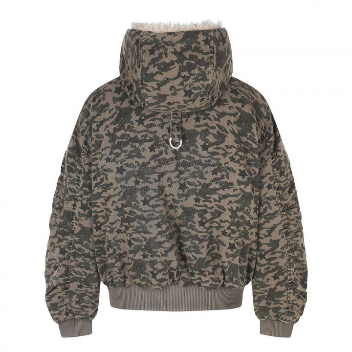 Unisex Weitgeschnittene wattierte Bomberjacke mit Kapuze und Kunstfellbesatz Drune