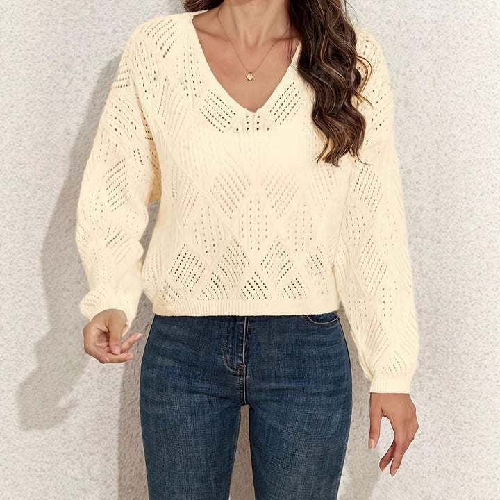 Damen V-Ausschnitt Grobstrickpullover mit filigranem Lochmuster Drune
