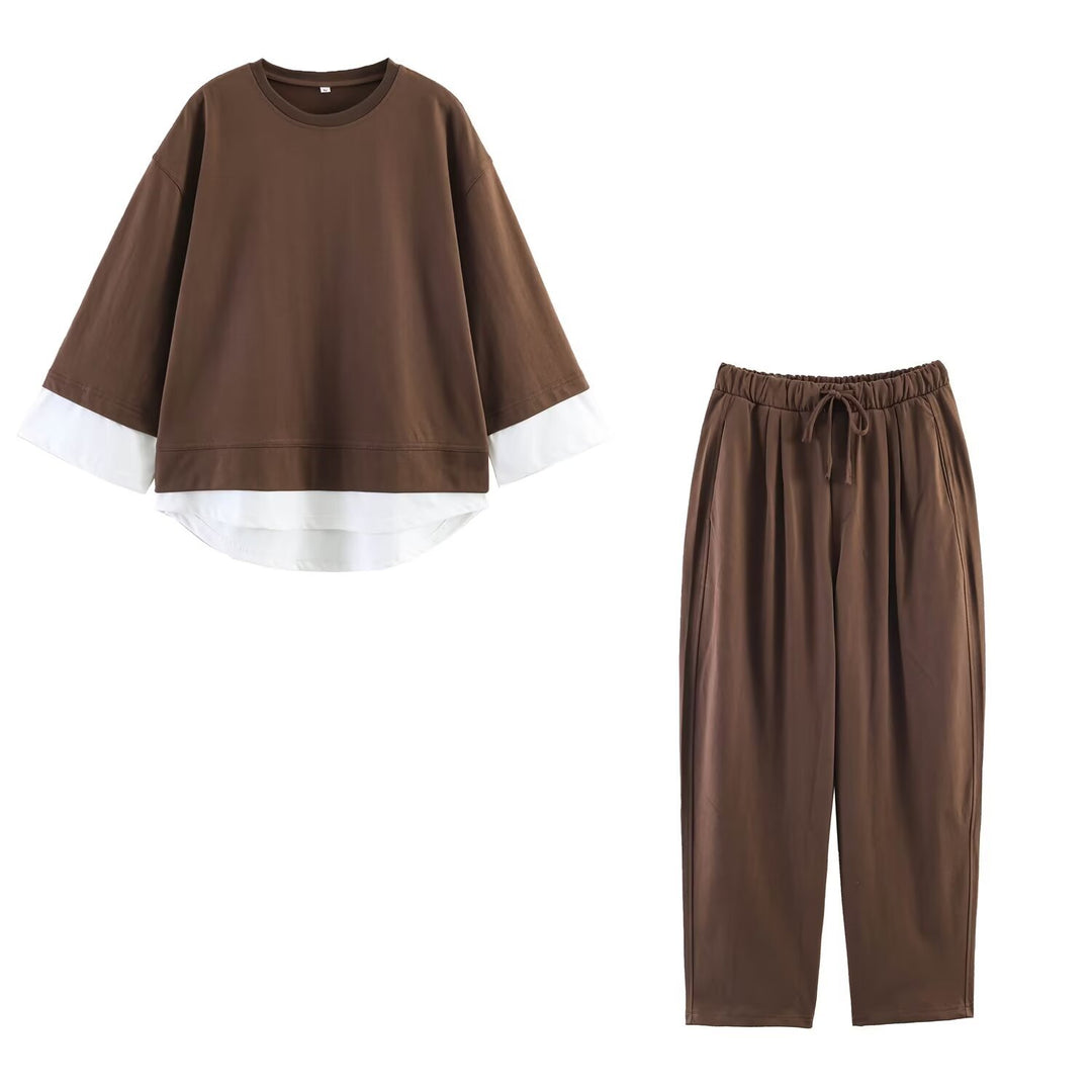 Damen Loungewear-Set aus weichem Jersey mit überlappendem Layer-Top und elastischer Highwaist-Hose Drune