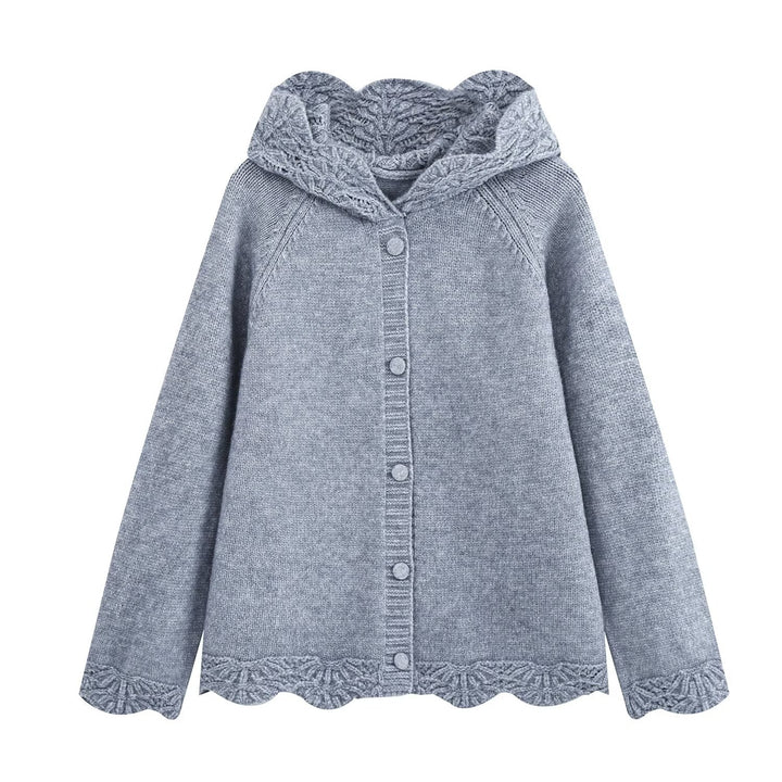 Damen Feinstrick-Cardigan mit Kapuze, Knopfleiste und gehäkelter Borte Drune