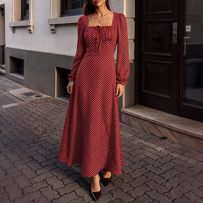 Damen Retro-Maxikleid mit quadratischem Ausschnitt, geraffter Brustpartie und langen Ärmeln Drune