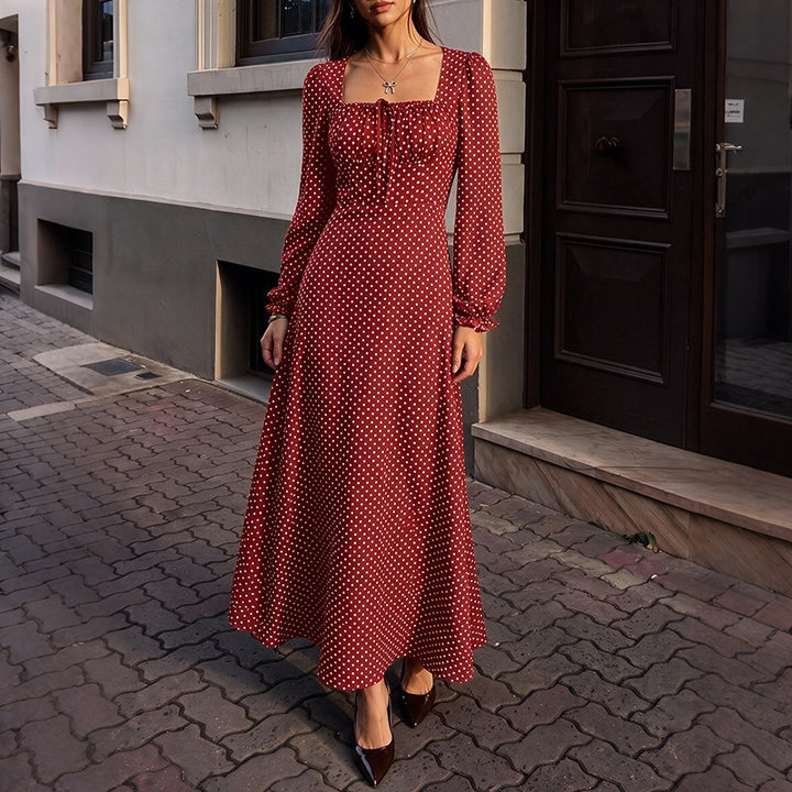 Damen Retro-Maxikleid mit quadratischem Ausschnitt, geraffter Brustpartie und langen Ärmeln Drune