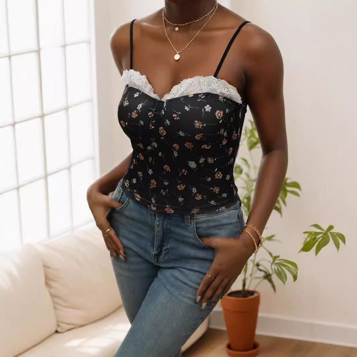 Damen Spitzen-Cami-Top mit floralem Design Drune