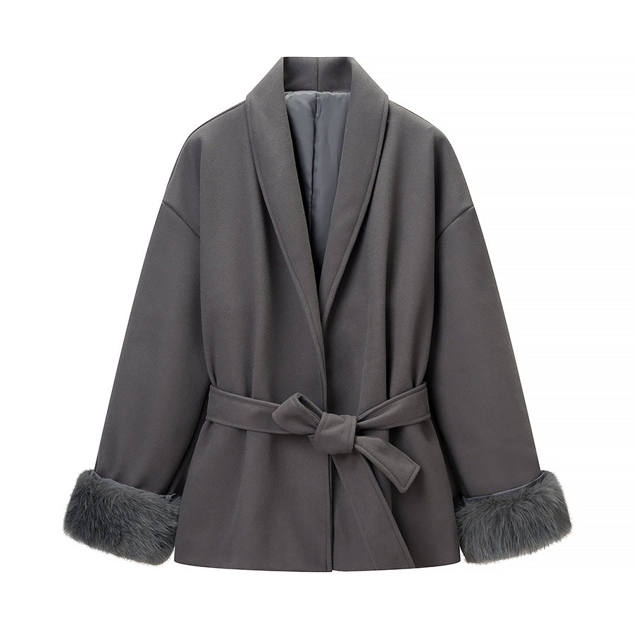 Damen Modische Jacke mit weich gefüttertem Kragen und Bindegürtel Drune
