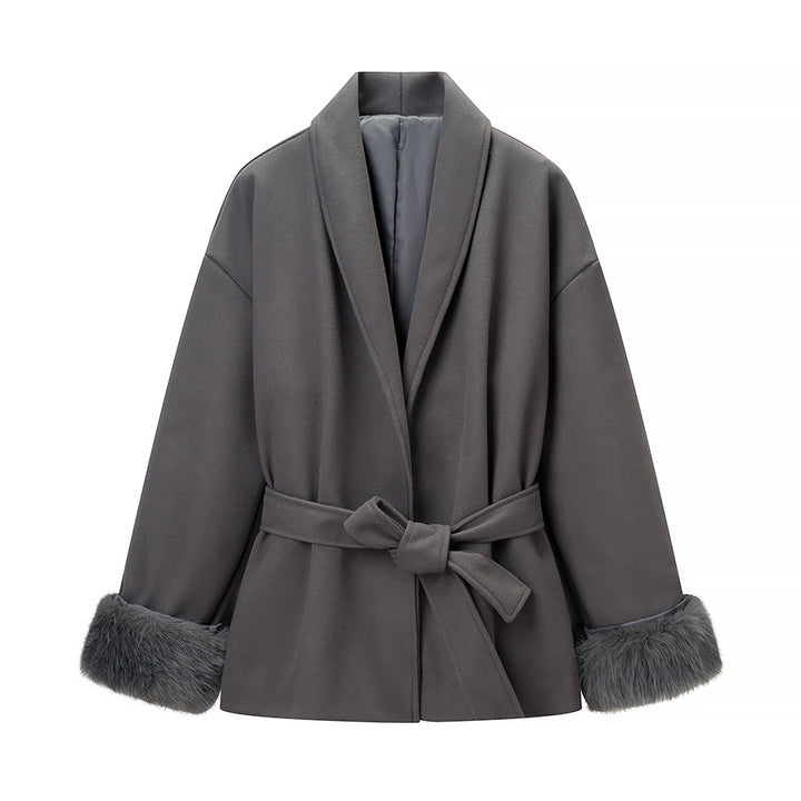 Damen Modische Jacke mit weich gefüttertem Kragen und Bindegürtel Drune