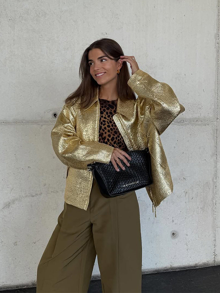 Damen Kurze strukturierte Metallic-Bomberjacke mit Boxy‑Silhouette Drune