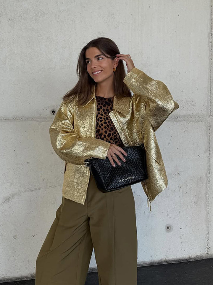 Damen Kurze strukturierte Metallic-Bomberjacke mit Boxy‑Silhouette Drune