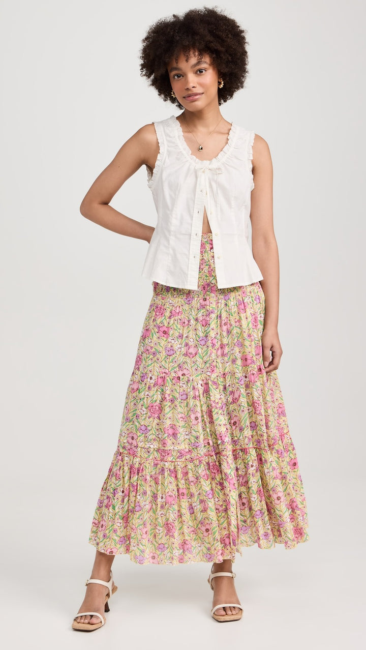 Damen Maxikleid mit floralem Rüschendesign und elastischem Oberteil Drune