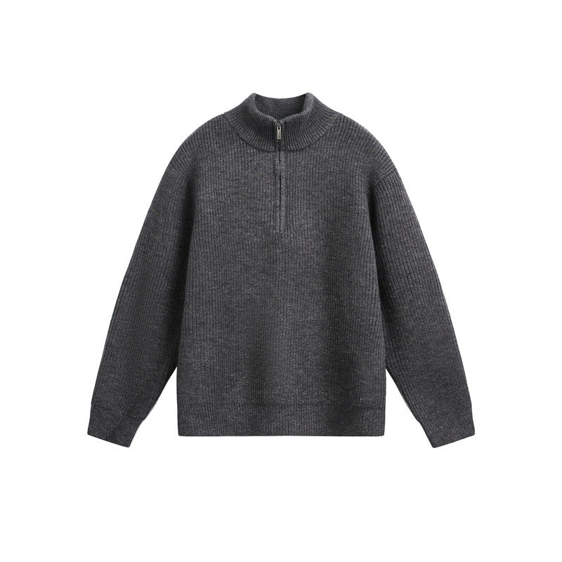 Unisex Grobstrick-Pullover mit halbem Reißverschluss und Stehkragen Drune