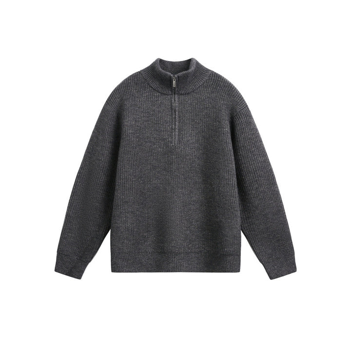 Unisex Grobstrick-Pullover mit halbem Reißverschluss und Stehkragen Drune