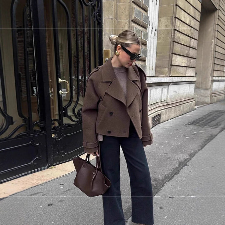 Damen elegante und vielseitige Wolljacke mit doppelter Knopfleiste und breitem Kragen Drune