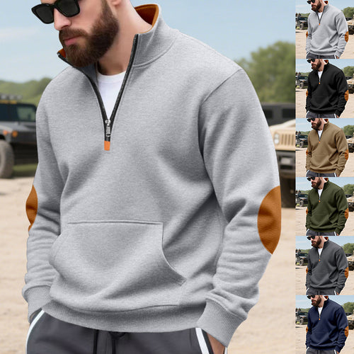 Herren nan isolierter Halbzip-Pullover mit Stehkragen Fleece-Innenfutter Kängurutasche und Wildleder-Ellenbogenpatches Drune