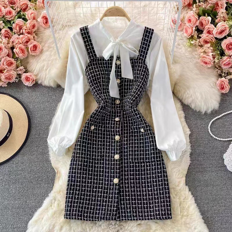 Drune | Satz mit Latzkleid Tweed A-Linie Bluse mit Schleife und Puffärmeln