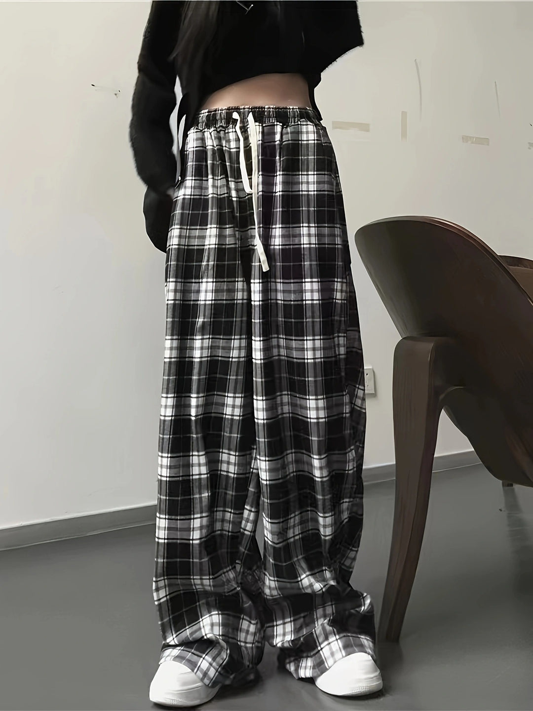 Damen weite Karohose mit elastischem Bund und Bindegürtel Drune
