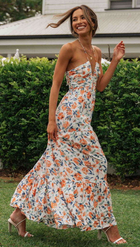 Damen Maxikleid mit zarten Blumendrucken und verstellbaren Spaghettiträgern Drune
