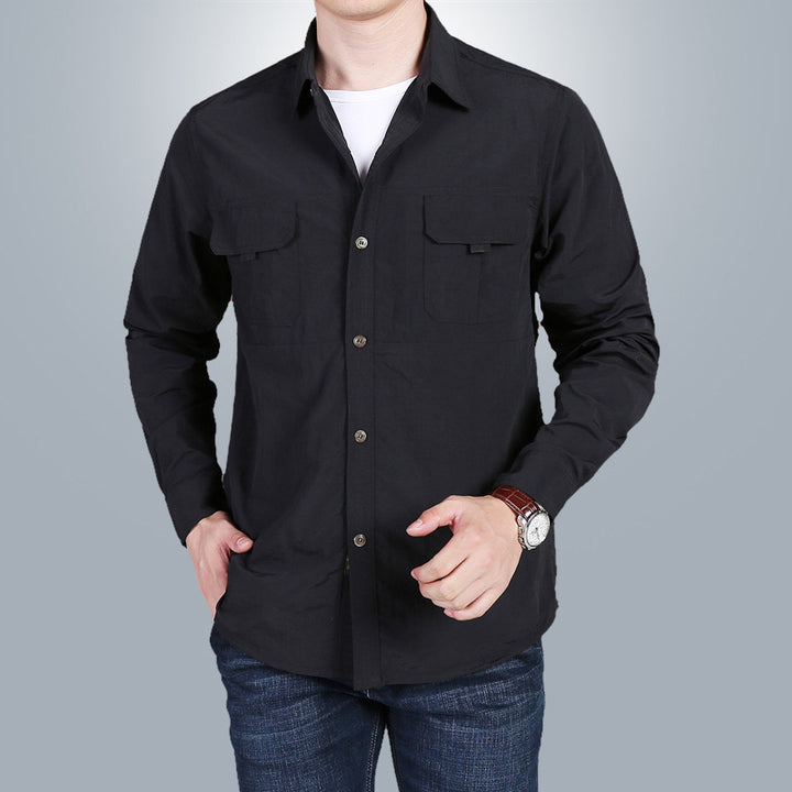 Herren  atmungsaktives Travel‑Safari‑Hemd mit doppelt-klappigen Brusttaschen, Ärmelaufrollsystem und knitterarmem Baumwollmix Drune