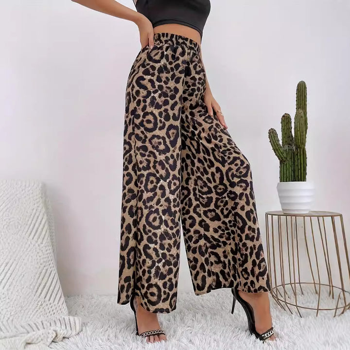Damen Weite Leopard-Hosen aus fließendem Material mit elastischem Bund Drune