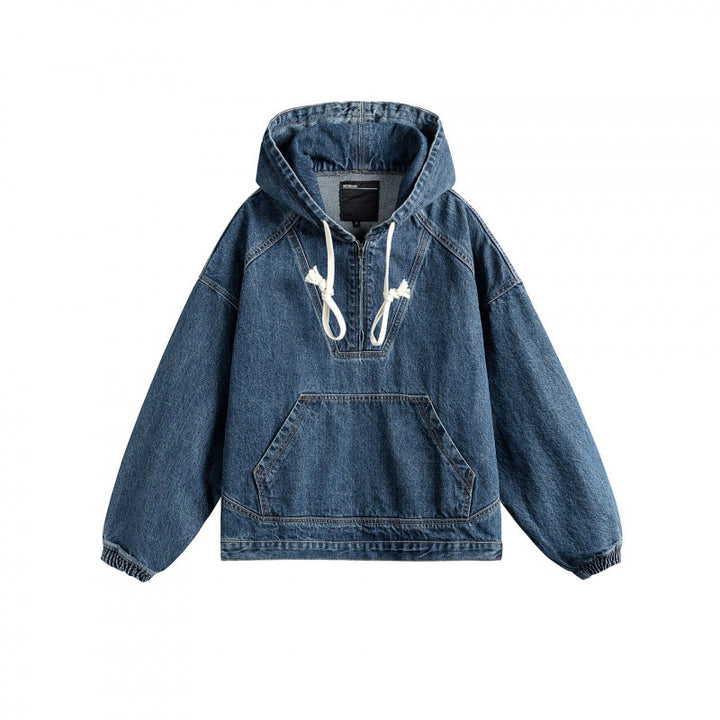 Unisex Oversize Jeansstoff-Hoodie mit Kängurutasche und halbem Reißverschluss Drune