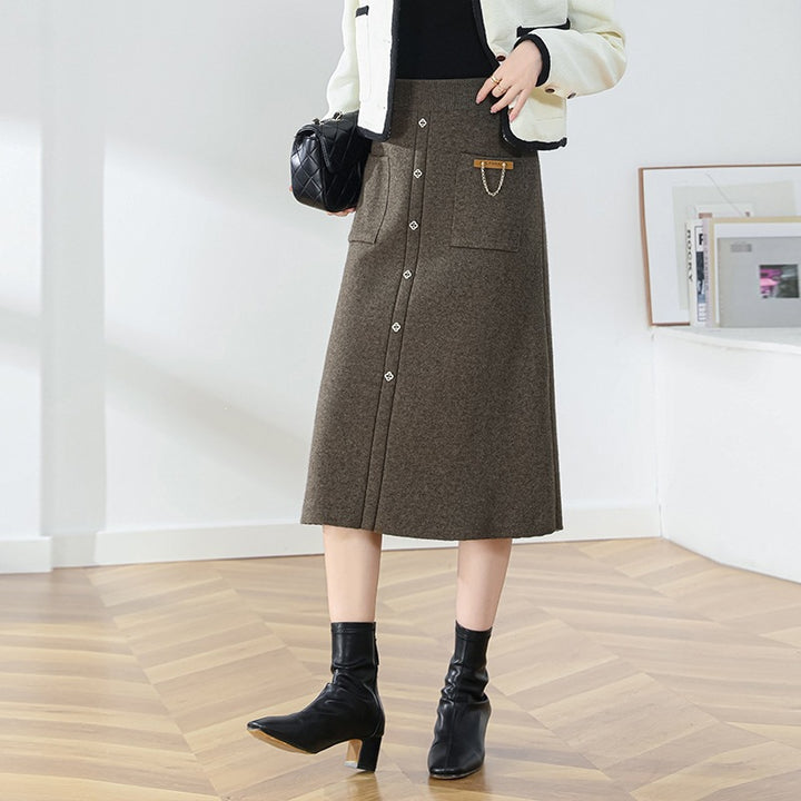 Damen Eleganter, gefütterter Knopf-Midirock Drune
