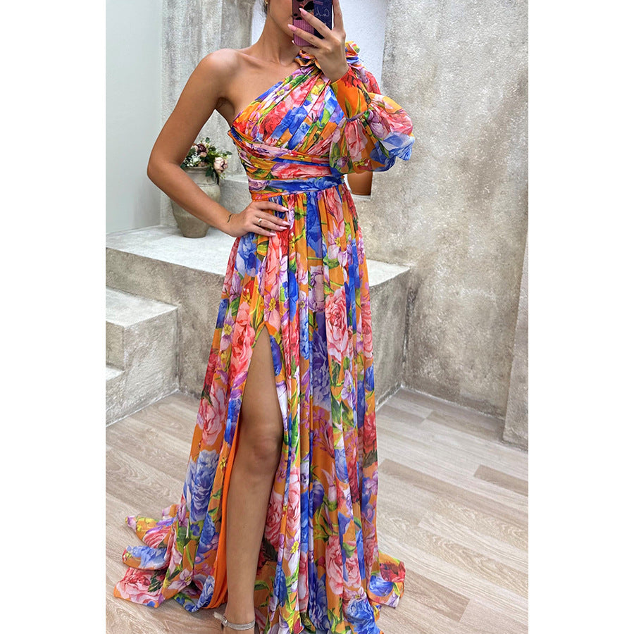 Damen Maxikleid mit asymmetrischem Schnitt und floralen Applikationen Drune