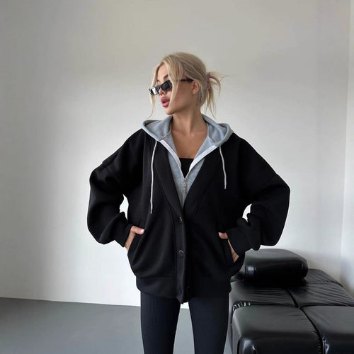 Damen gemütlicher Oversized-Jacke mit Kapuze und Druckknopfverschluss Drune