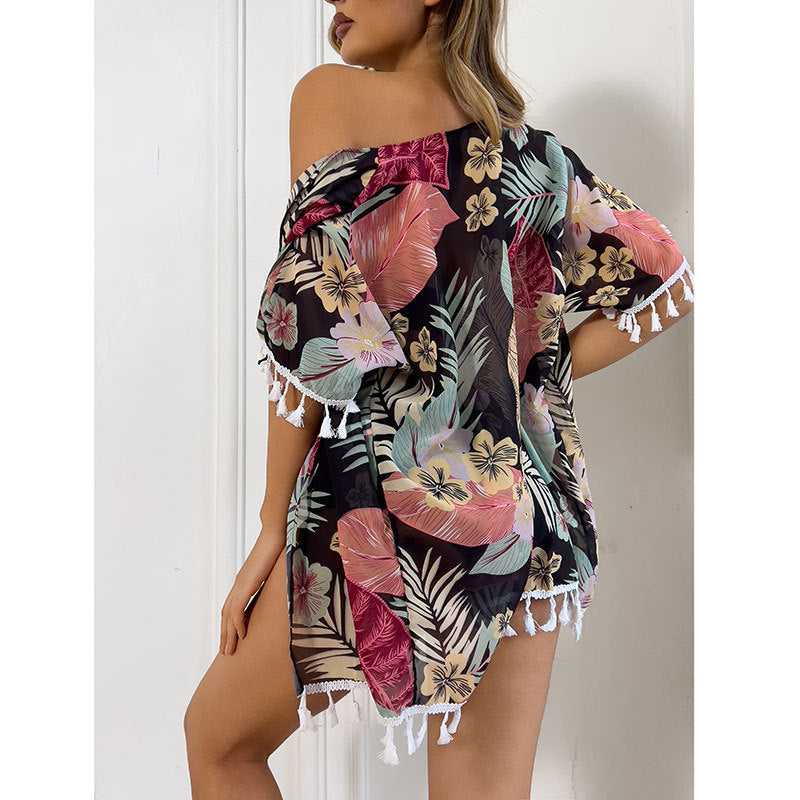 Damen Floral bedruckte Strandjacke mit fransenverziertem Abschluß und dazu passendem Bikini Drune