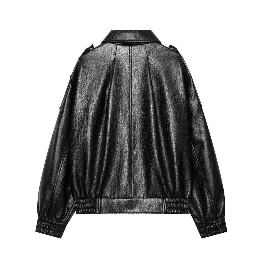 Damen Kurzes glänzendes Biker-Blouson aus veganer Lederoptik mit Ballonärmeln Drune