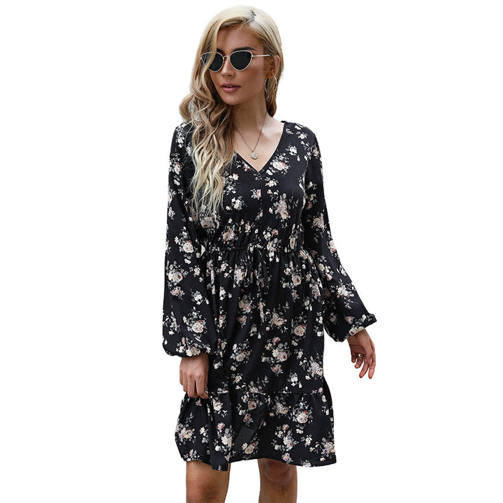 Damen Lässiges Stufen-Midikleid mit V-Ausschnitt, Tunnelzug-Taille und langen Volantärmeln Drune