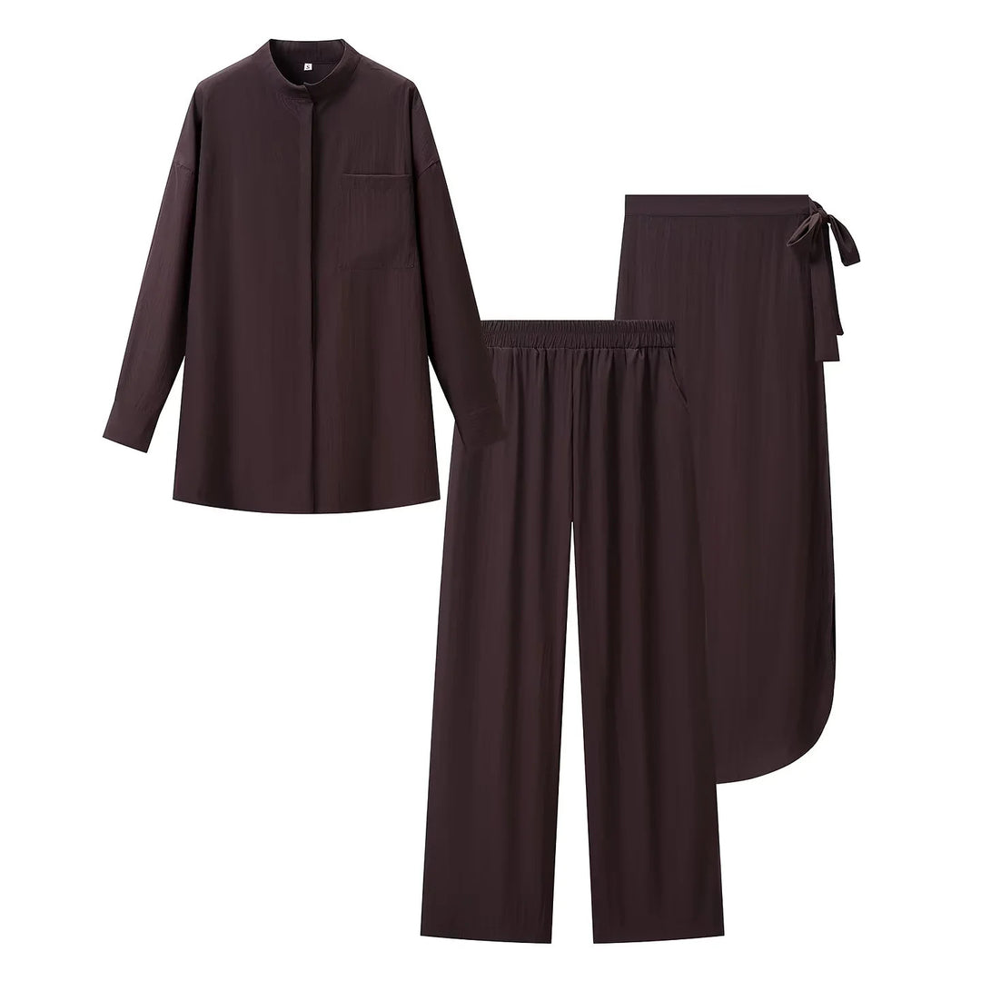 Damen nan luxuriöses Lounge-Dreiteiler-Set mit Oversize-Hemd, Elastikbund-Hose und Wickelrock Drune