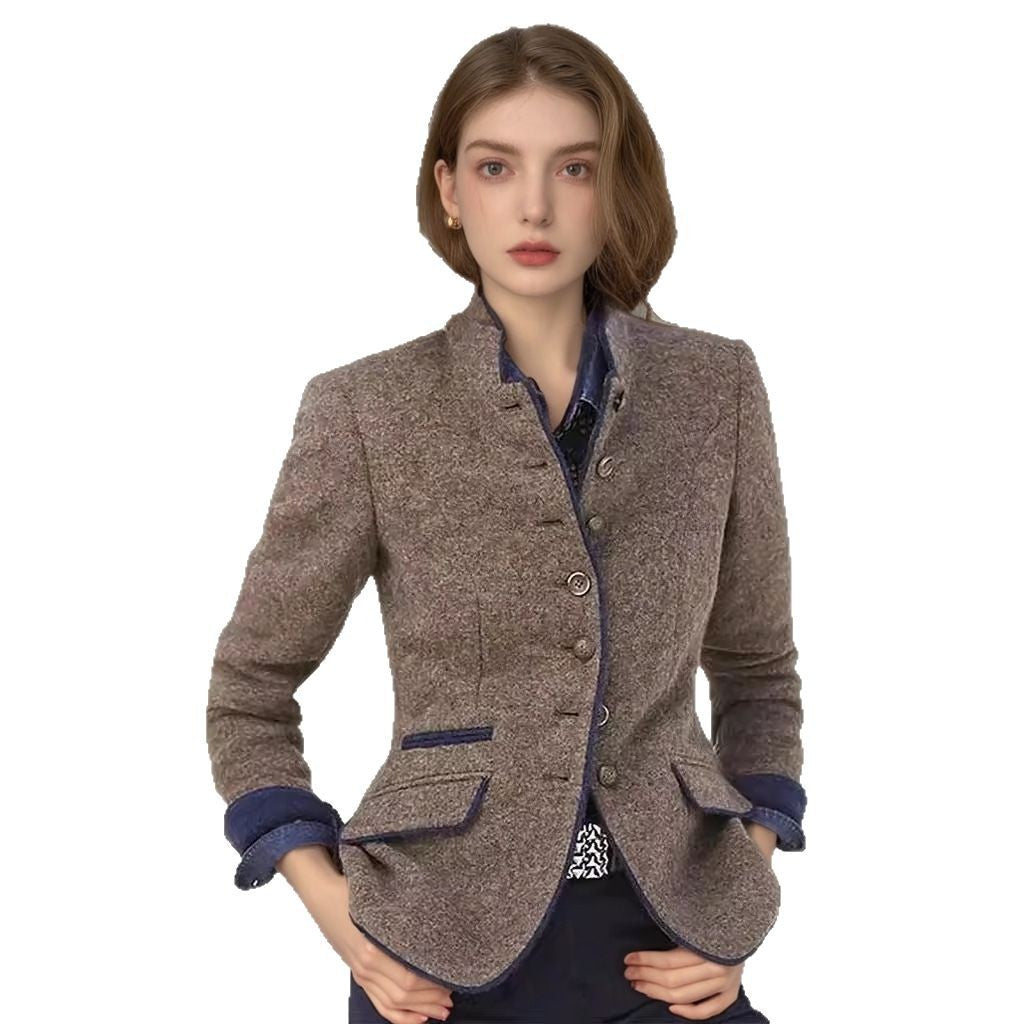 Damen Kurzblazer mit Stehkragen und Samtbesatz Drune
