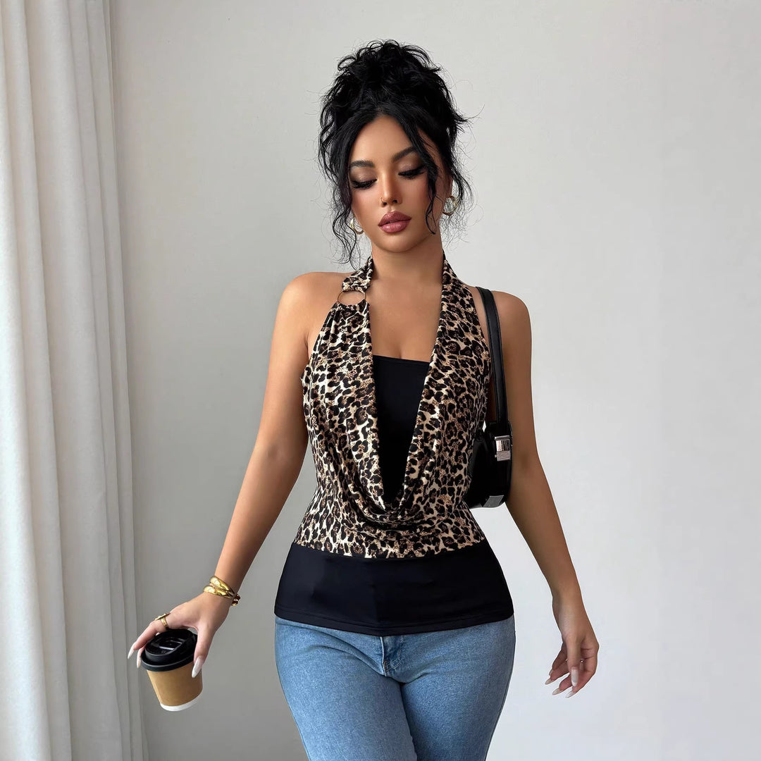 Damen Ärmelloses Neckholder-Wickel-Top mit Drapierter Front und Metallring Drune