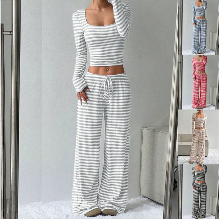 Damen Gestreifter Lounge-Zweiteiler mit weitem Bein und Cropped Langarmtop Drune