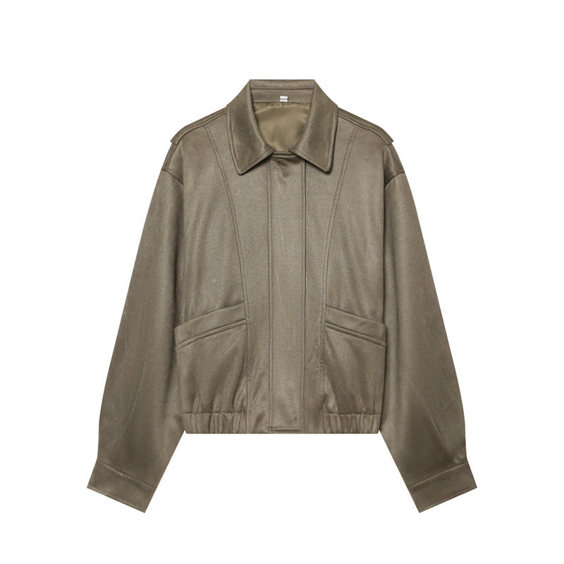 Damen nan kastige vegane Lederblousonjacke mit Hemdkragen, verdeckter Frontleiste und elastischem Saum Drune