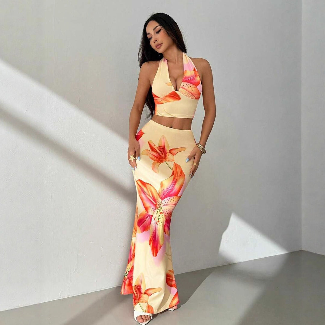 Damen Zweiteiliges Sommeroutfit mit floralem Design und elegantem V-Ausschnitt Drune