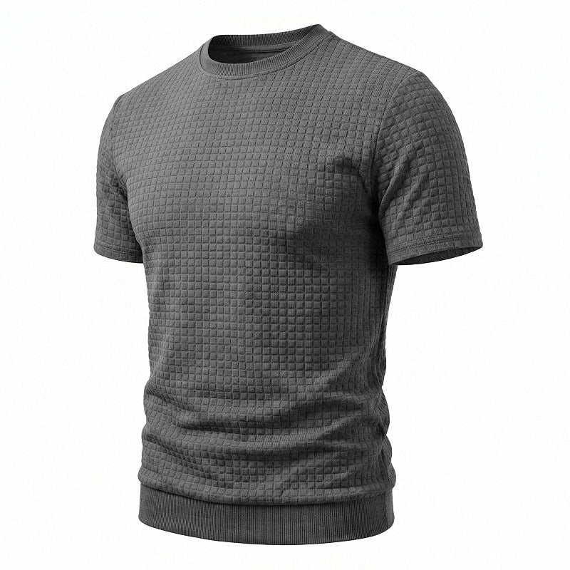 Herren nan kurzärmeliges Strickshirt mit geprägter Karostruktur, Rundhalsausschnitt und geripptem Saum Drune