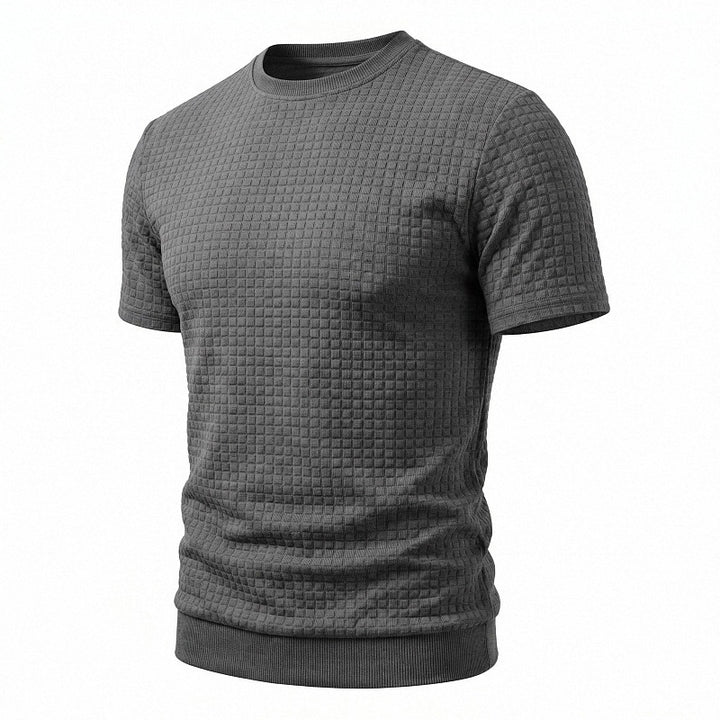 Herren nan kurzärmeliges Strickshirt mit geprägter Karostruktur, Rundhalsausschnitt und geripptem Saum Drune