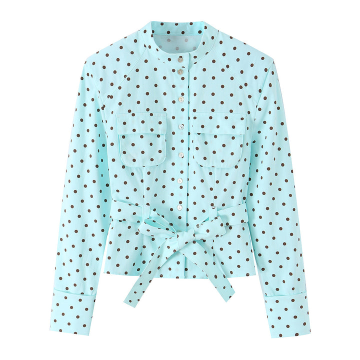 Damen Bluse mit Stehkragen, Taillengürtel und Brusttaschen Drune