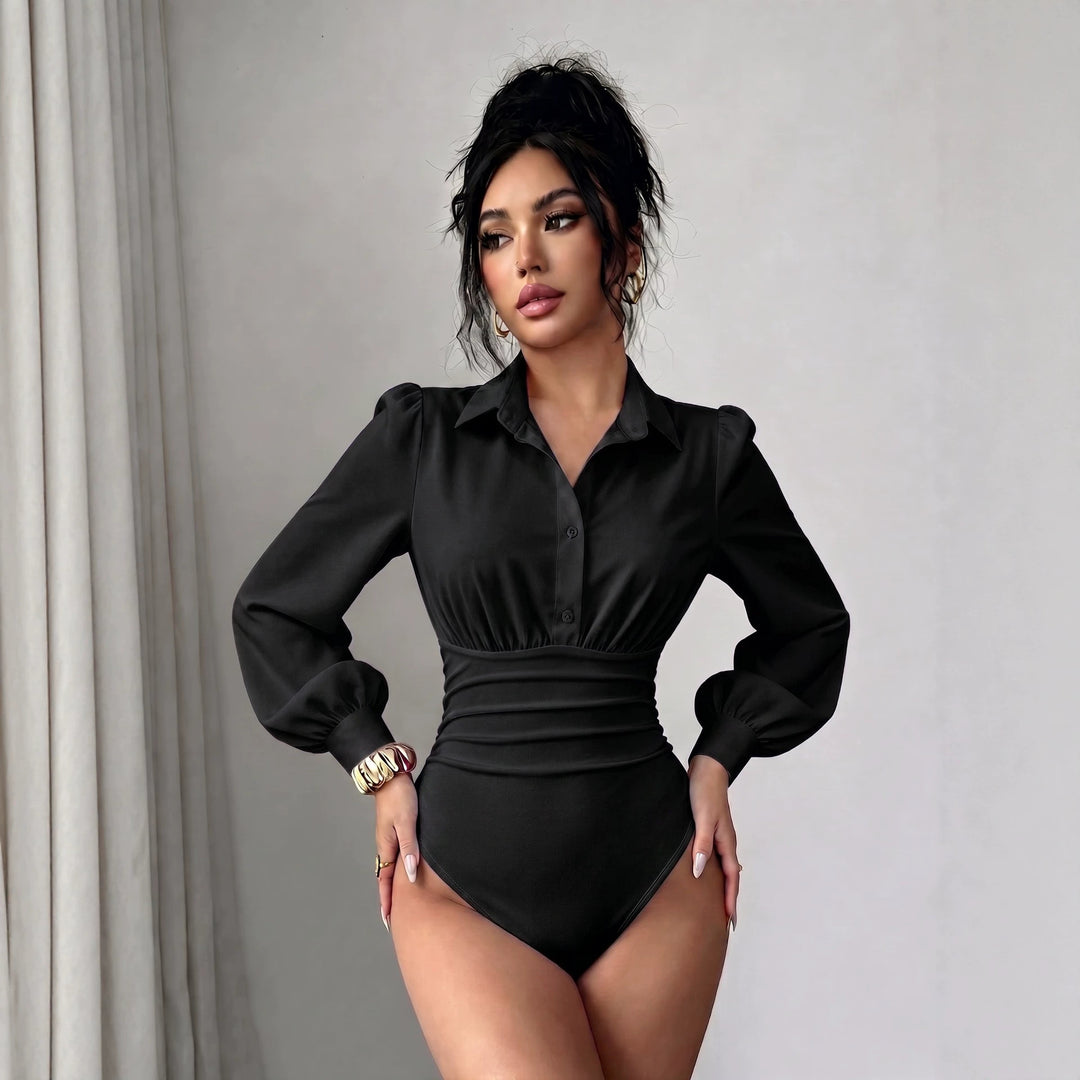 Damen Hemd-Body mit taillierter Raffung und Puffärmeln Drune