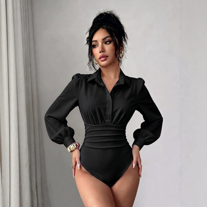 Damen Hemd-Body mit taillierter Raffung und Puffärmeln Drune