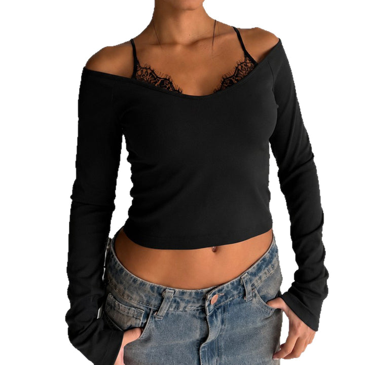Damen Schulterfreies Langarm-Cami mit zarter Spitzen-Innenschicht und verstellbaren Spaghettiträgern Drune