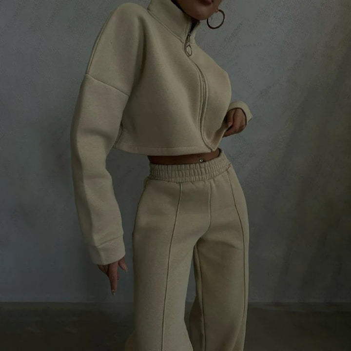Damen cropped Sweatjacke mit hohem Kragen Drune