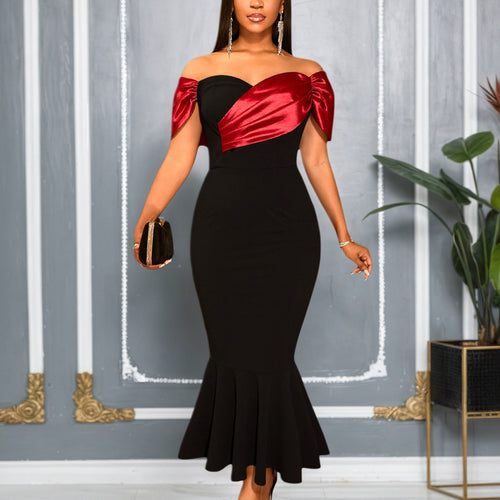 Damen elegantes schulterfreies Maxikleid mit voluminösen Rüschen Drune