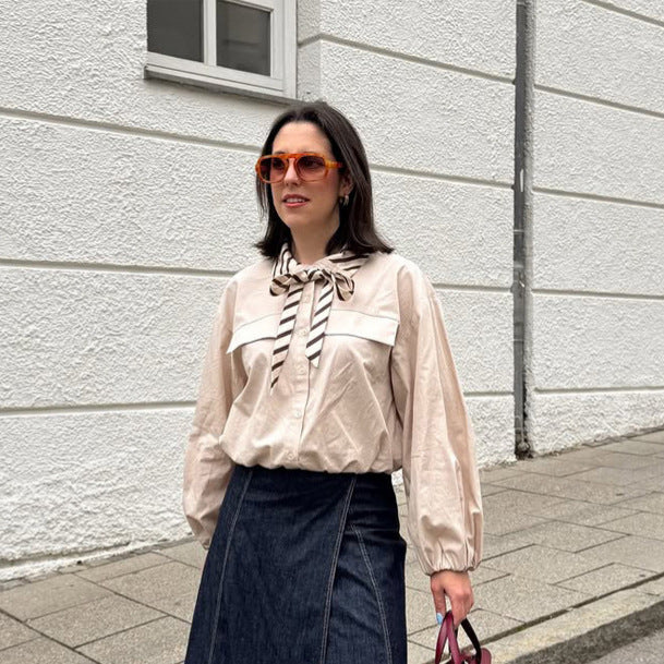Damen Bluse mit Schleifenkragen, überschnittener Schulterpartie und voluminösen Ballonärmeln Drune